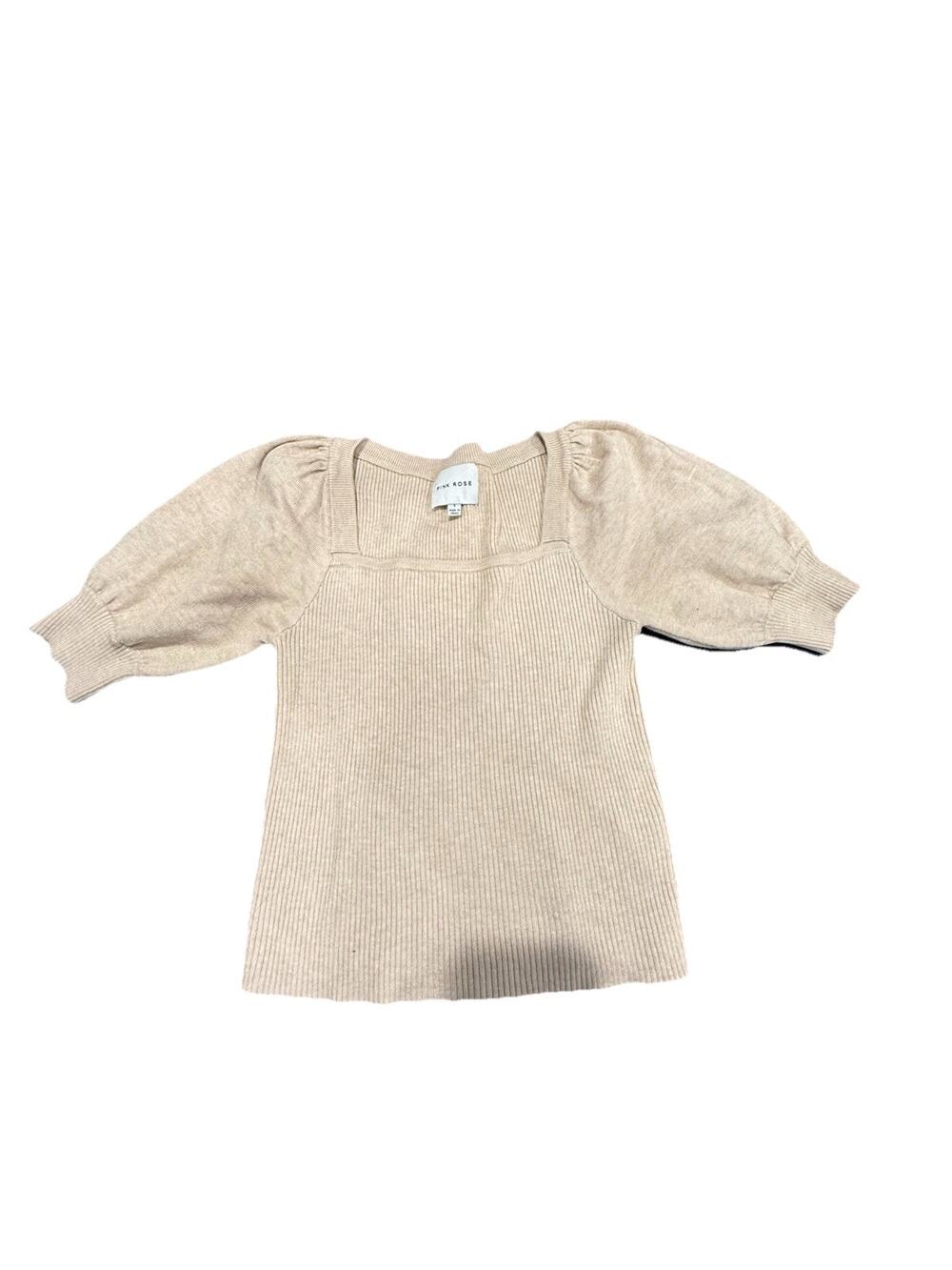 Pink Rose Womens Small Ribbed Knit Puff Sleeve Sweater Top Beige S